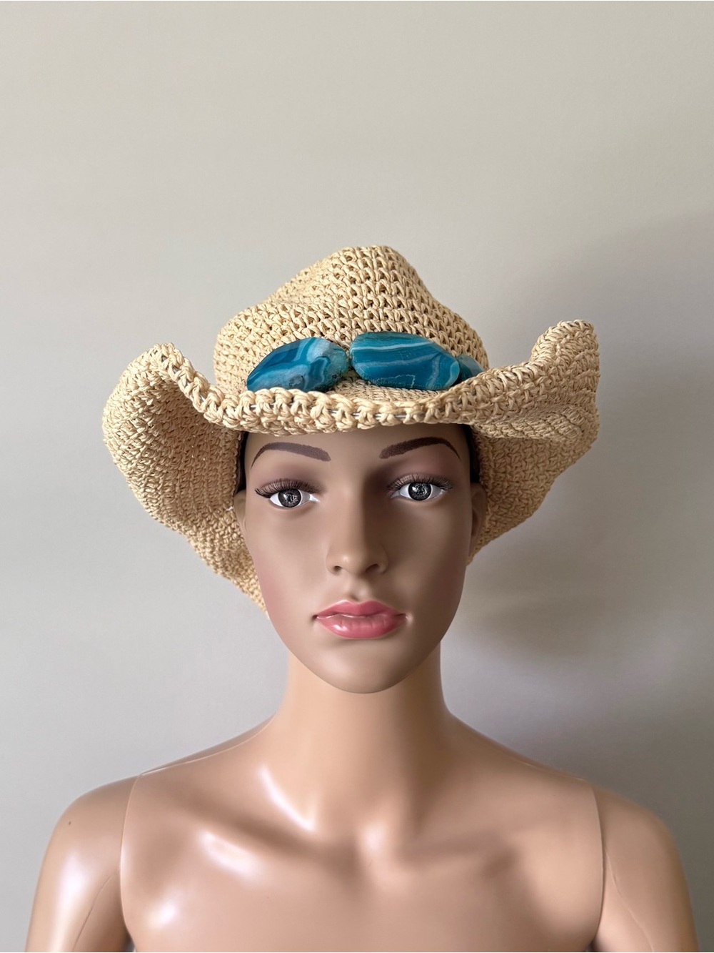 Free People Beige Woven Cowboy Hat with Turquoise Stones
